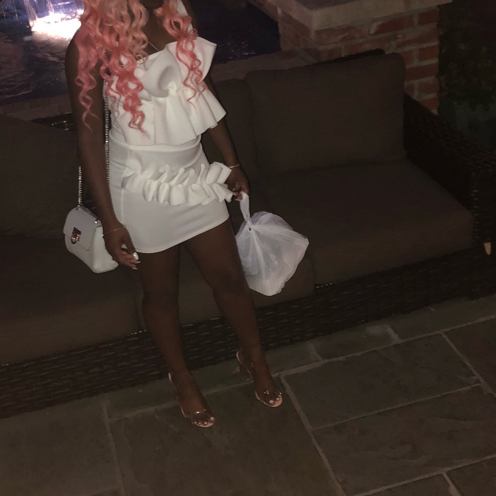 White ruffled 2 piece top and skirt
